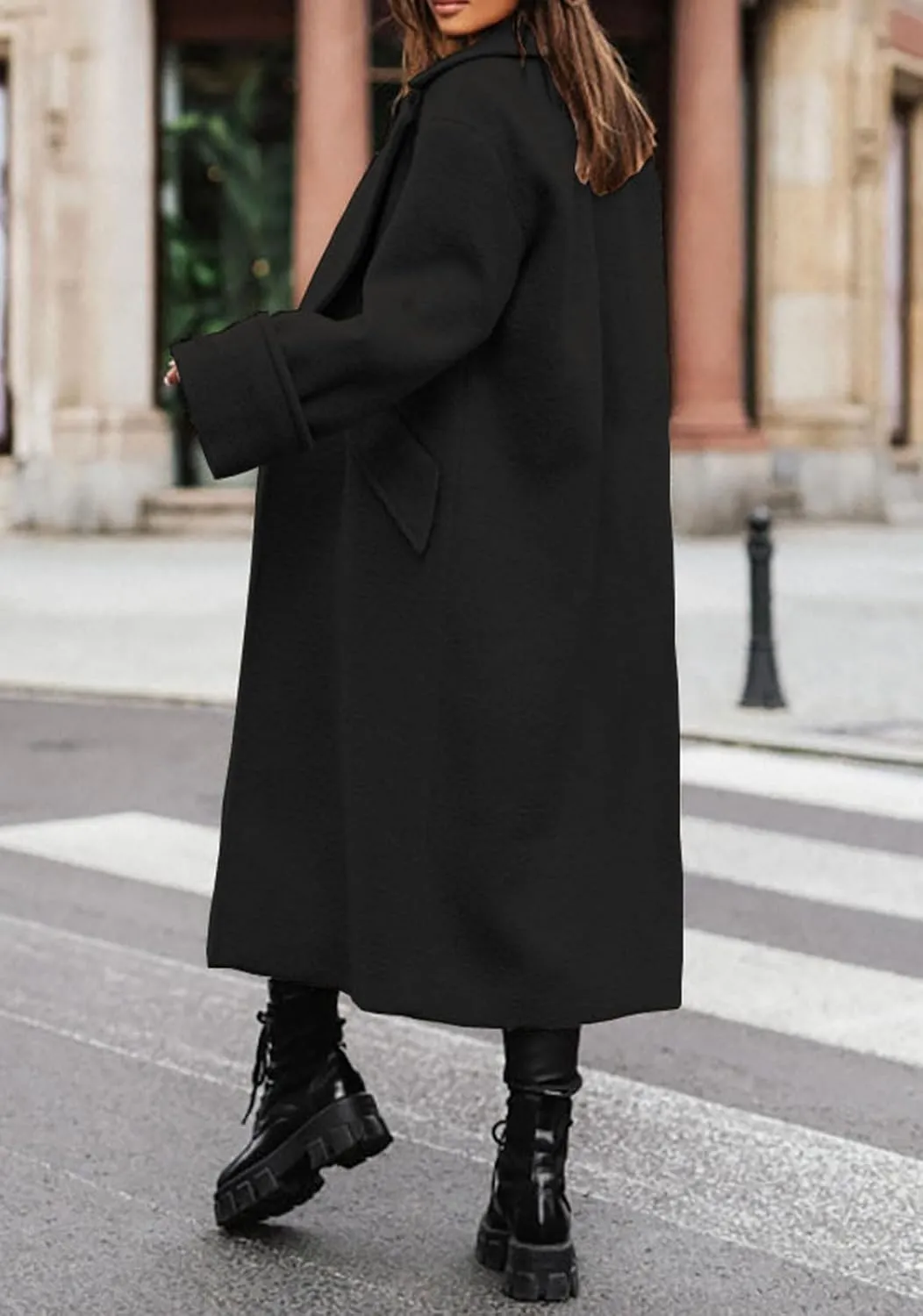 CHARTOU Women Loose Long Wool Coat Notched Lapel Peacoat Woolen Jacket Winter Warm Overcoat Pea Coat Trench Coat