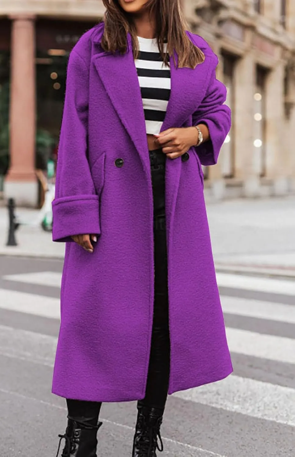 CHARTOU Women Loose Long Wool Coat Notched Lapel Peacoat Woolen Jacket Winter Warm Overcoat Pea Coat Trench Coat