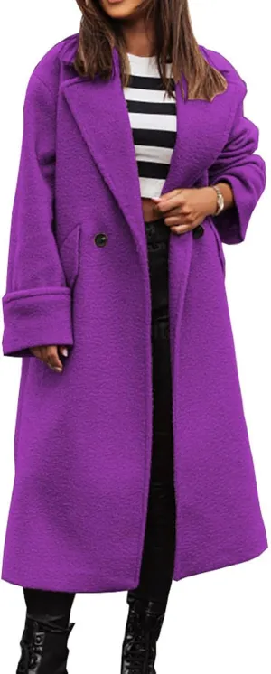 CHARTOU Women Loose Long Wool Coat Notched Lapel Peacoat Woolen Jacket Winter Warm Overcoat Pea Coat Trench Coat