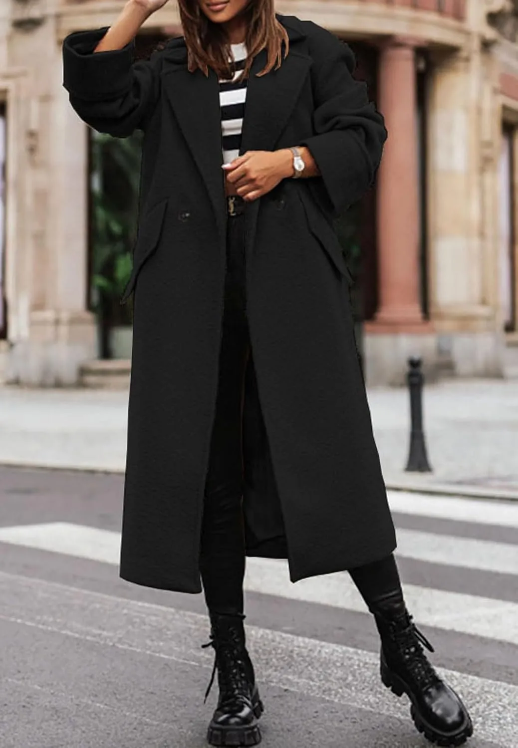 CHARTOU Women Loose Long Wool Coat Notched Lapel Peacoat Woolen Jacket Winter Warm Overcoat Pea Coat Trench Coat