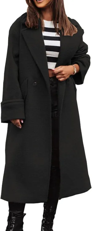 CHARTOU Women Loose Long Wool Coat Notched Lapel Peacoat Woolen Jacket Winter Warm Overcoat Pea Coat Trench Coat