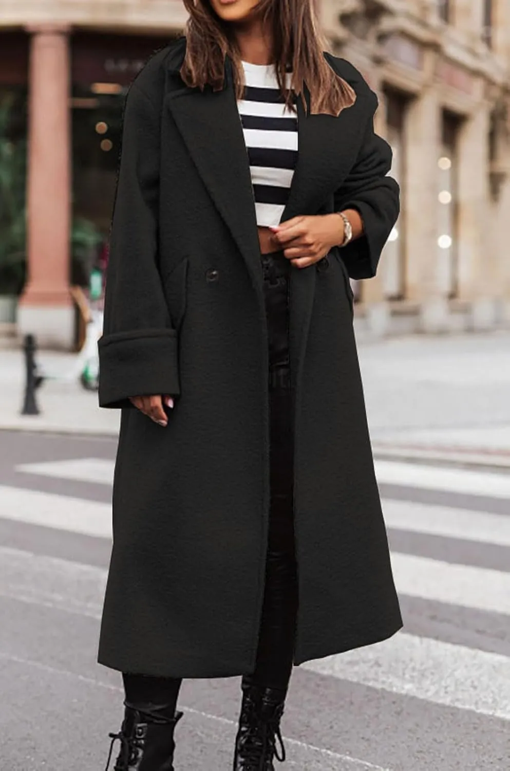 CHARTOU Women Loose Long Wool Coat Notched Lapel Peacoat Woolen Jacket Winter Warm Overcoat Pea Coat Trench Coat