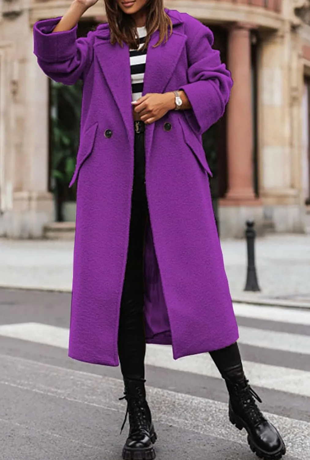 CHARTOU Women Loose Long Wool Coat Notched Lapel Peacoat Woolen Jacket Winter Warm Overcoat Pea Coat Trench Coat
