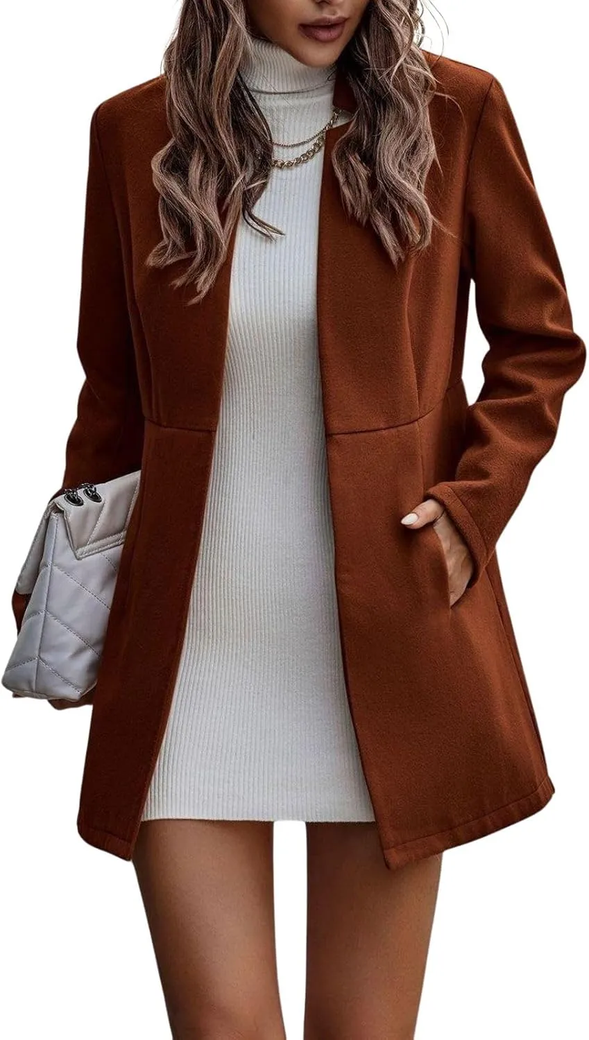 CHARTOU Women Slim Open Front Pea Coat Wool Jacket Mid Long Blazer Trench Coat Peacoat Winter Dress Coat Overcoat