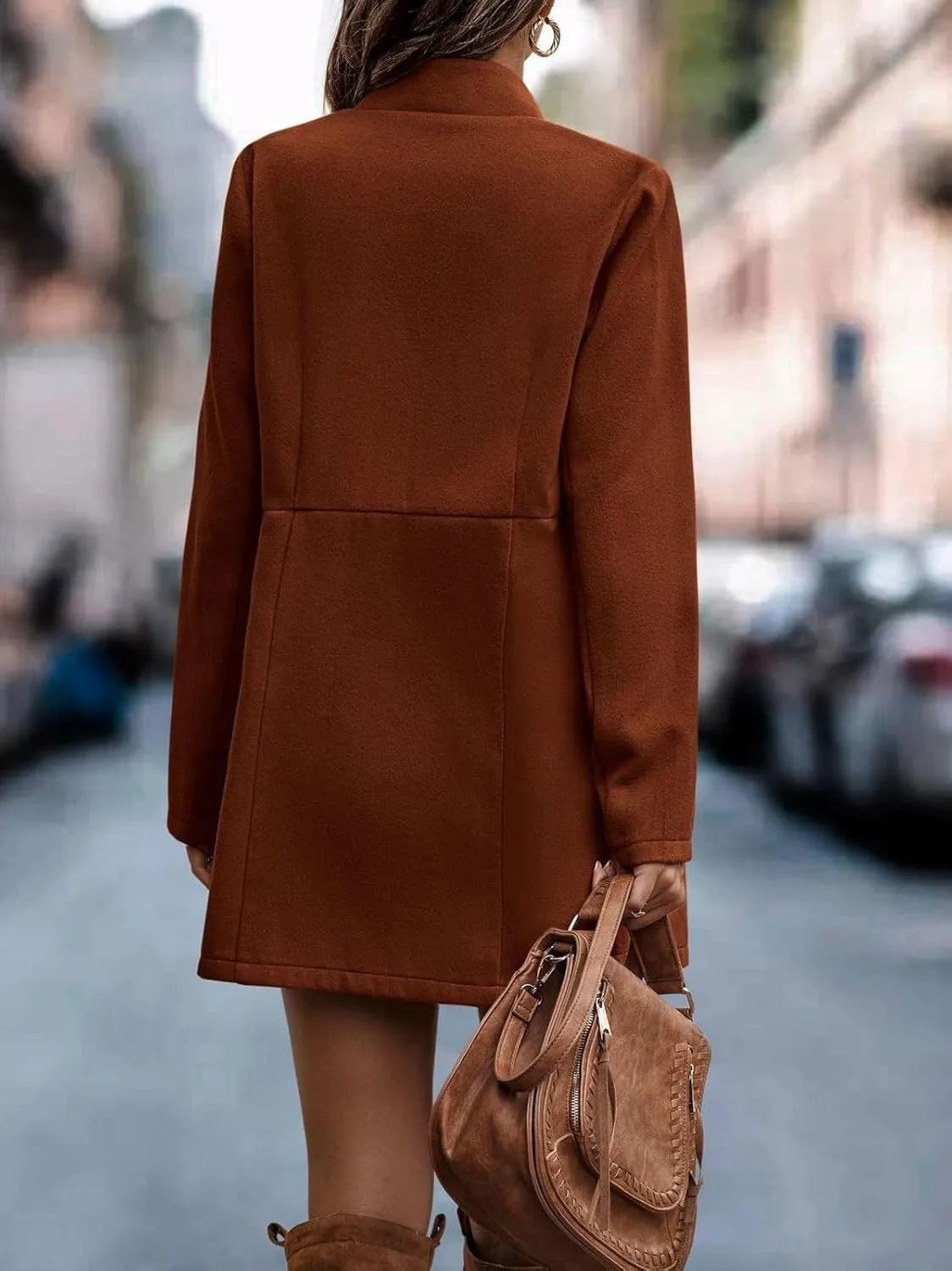 CHARTOU Women Slim Open Front Pea Coat Wool Jacket Mid Long Blazer Trench Coat Peacoat Winter Dress Coat Overcoat