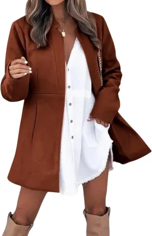 CHARTOU Women Slim Open Front Pea Coat Wool Jacket Mid Long Blazer Trench Coat Peacoat Winter Dress Coat Overcoat