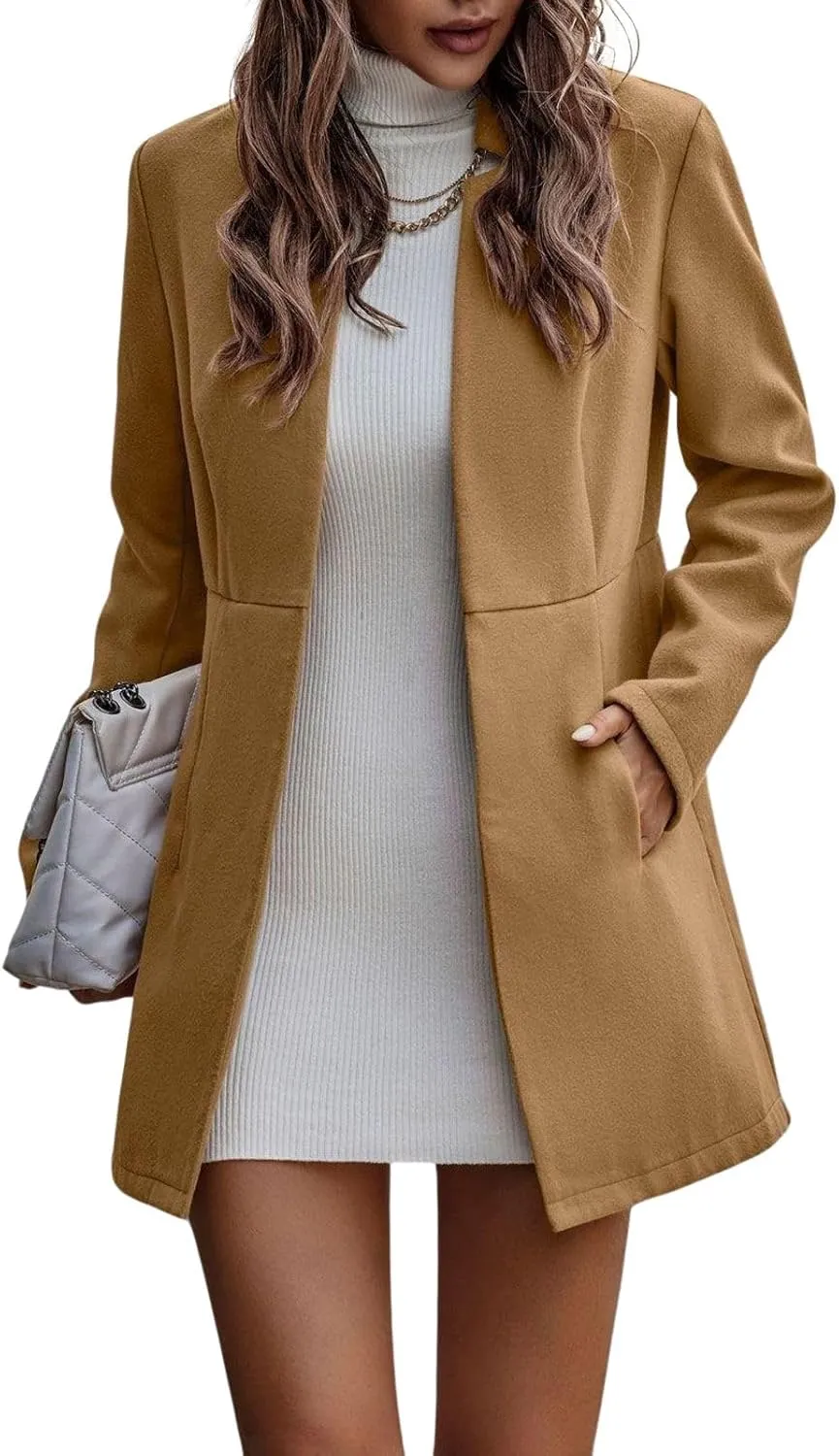 CHARTOU Women Slim Open Front Pea Coat Wool Jacket Mid Long Blazer Trench Coat Peacoat Winter Dress Coat Overcoat