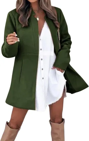 CHARTOU Women Slim Open Front Pea Coat Wool Jacket Mid Long Blazer Trench Coat Peacoat Winter Dress Coat Overcoat