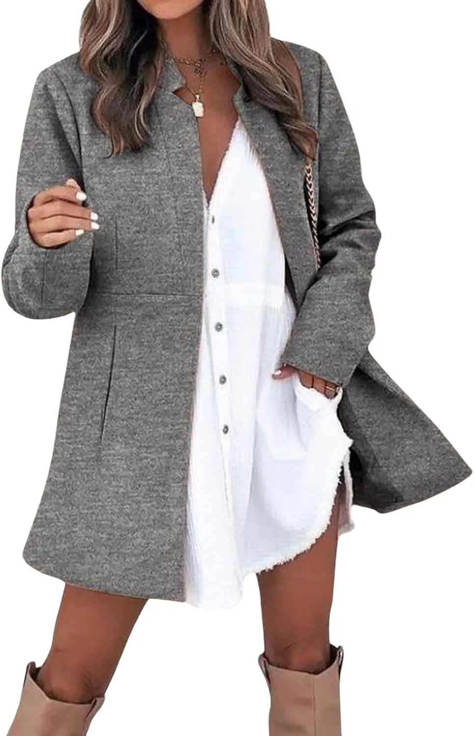 CHARTOU Women Slim Open Front Pea Coat Wool Jacket Mid Long Blazer Trench Coat Peacoat Winter Dress Coat Overcoat