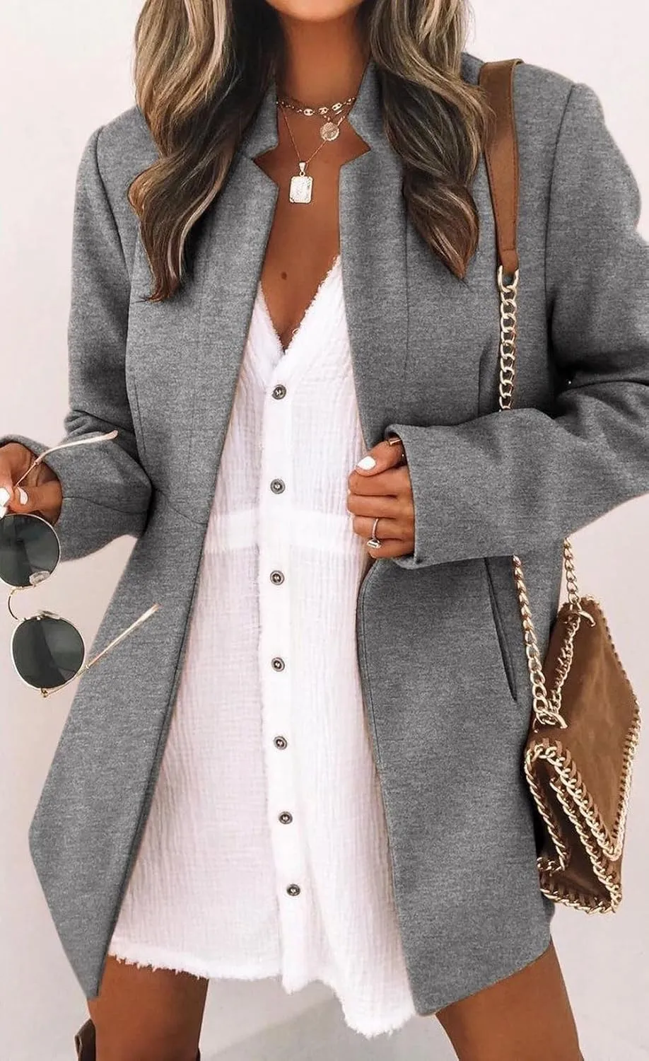 CHARTOU Women Slim Open Front Pea Coat Wool Jacket Mid Long Blazer Trench Coat Peacoat Winter Dress Coat Overcoat