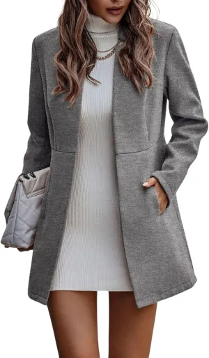 CHARTOU Women Slim Open Front Pea Coat Wool Jacket Mid Long Blazer Trench Coat Peacoat Winter Dress Coat Overcoat