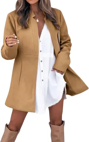 CHARTOU Women Slim Open Front Pea Coat Wool Jacket Mid Long Blazer Trench Coat Peacoat Winter Dress Coat Overcoat