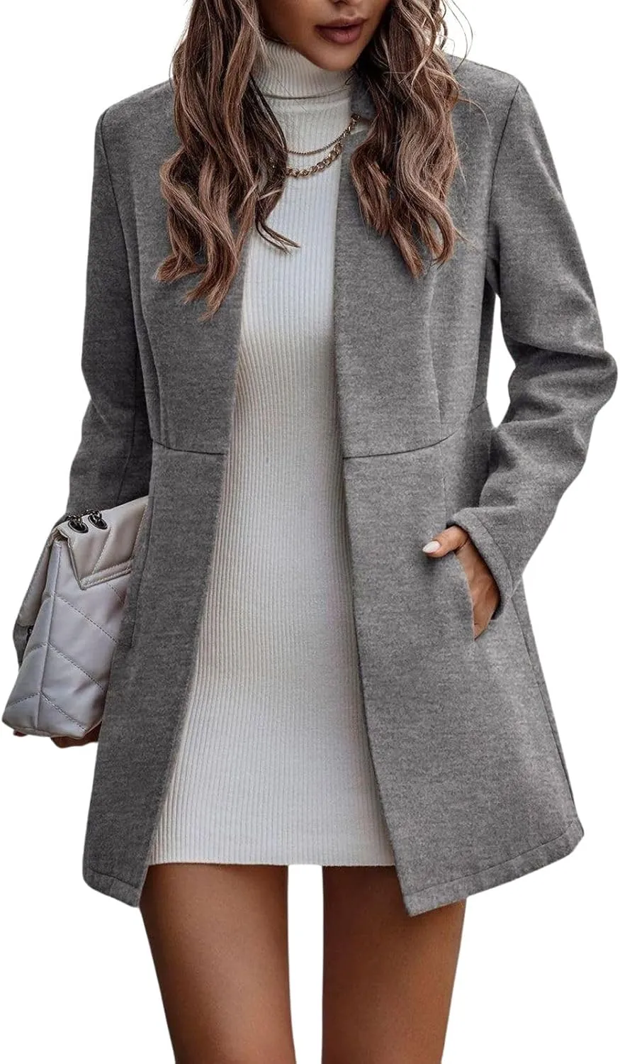 CHARTOU Women Slim Open Front Pea Coat Wool Jacket Mid Long Blazer Trench Coat Peacoat Winter Dress Coat Overcoat