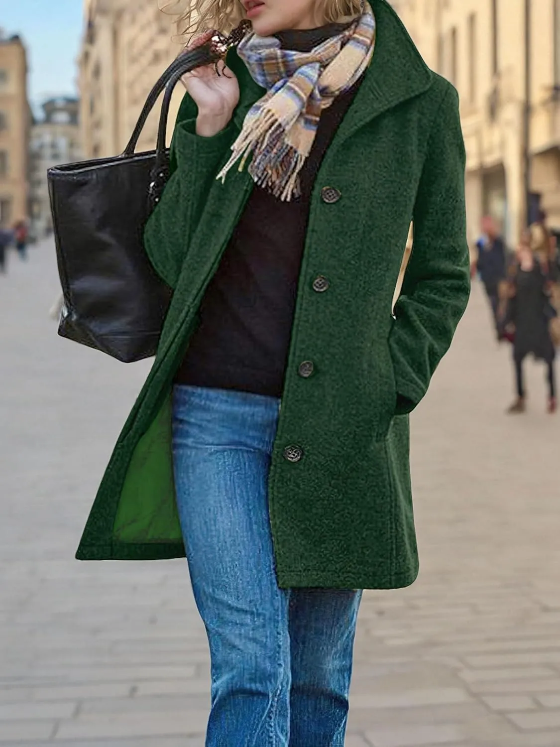CHARTOU Women's Casual Thicken Wool Blend Stand Collar Single Breasted Pea Coat