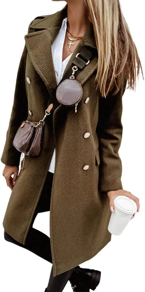 CHARTOU Women's Casual Twill Notched Lapel Double Breasted Wool Blend Trench Coat Woolen Overcoat