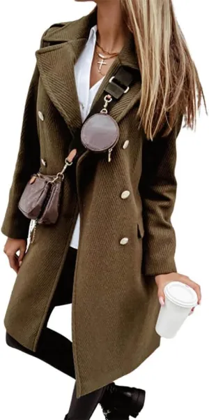 CHARTOU Women's Casual Twill Notched Lapel Double Breasted Wool Blend Trench Coat Woolen Overcoat