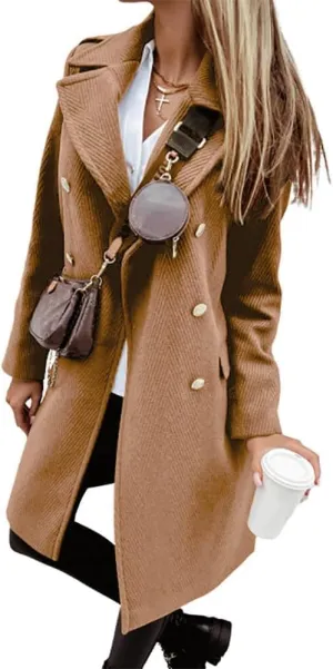 CHARTOU Women's Casual Twill Notched Lapel Double Breasted Wool Blend Trench Coat Woolen Overcoat