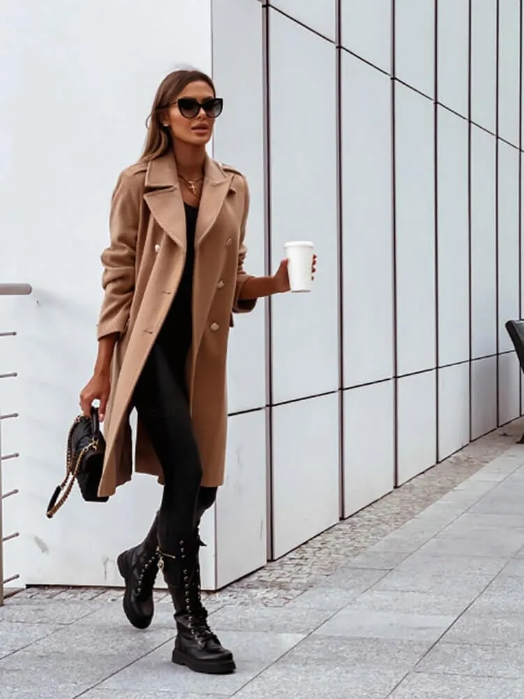 CHARTOU Women's Casual Twill Notched Lapel Double Breasted Wool Blend Trench Coat Woolen Overcoat
