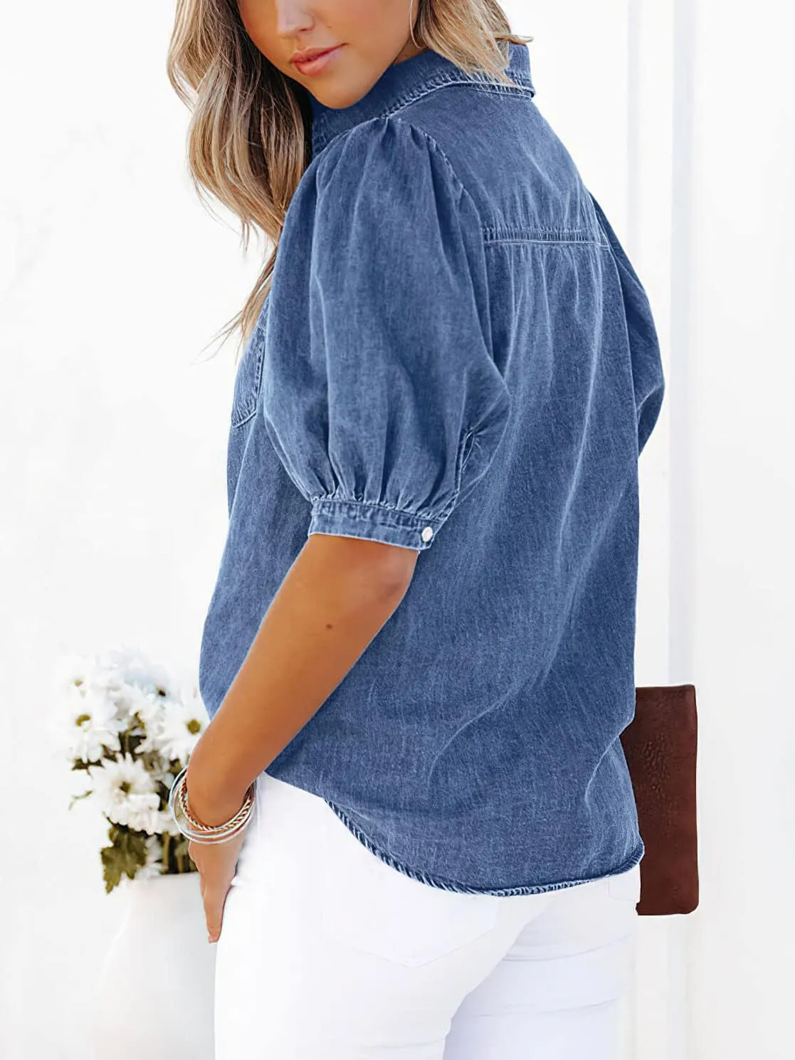 CHARTOU Women's Casual Washed Distressed Puff Sleeve Denim Snap Button Shirt Jean Jacket Coat