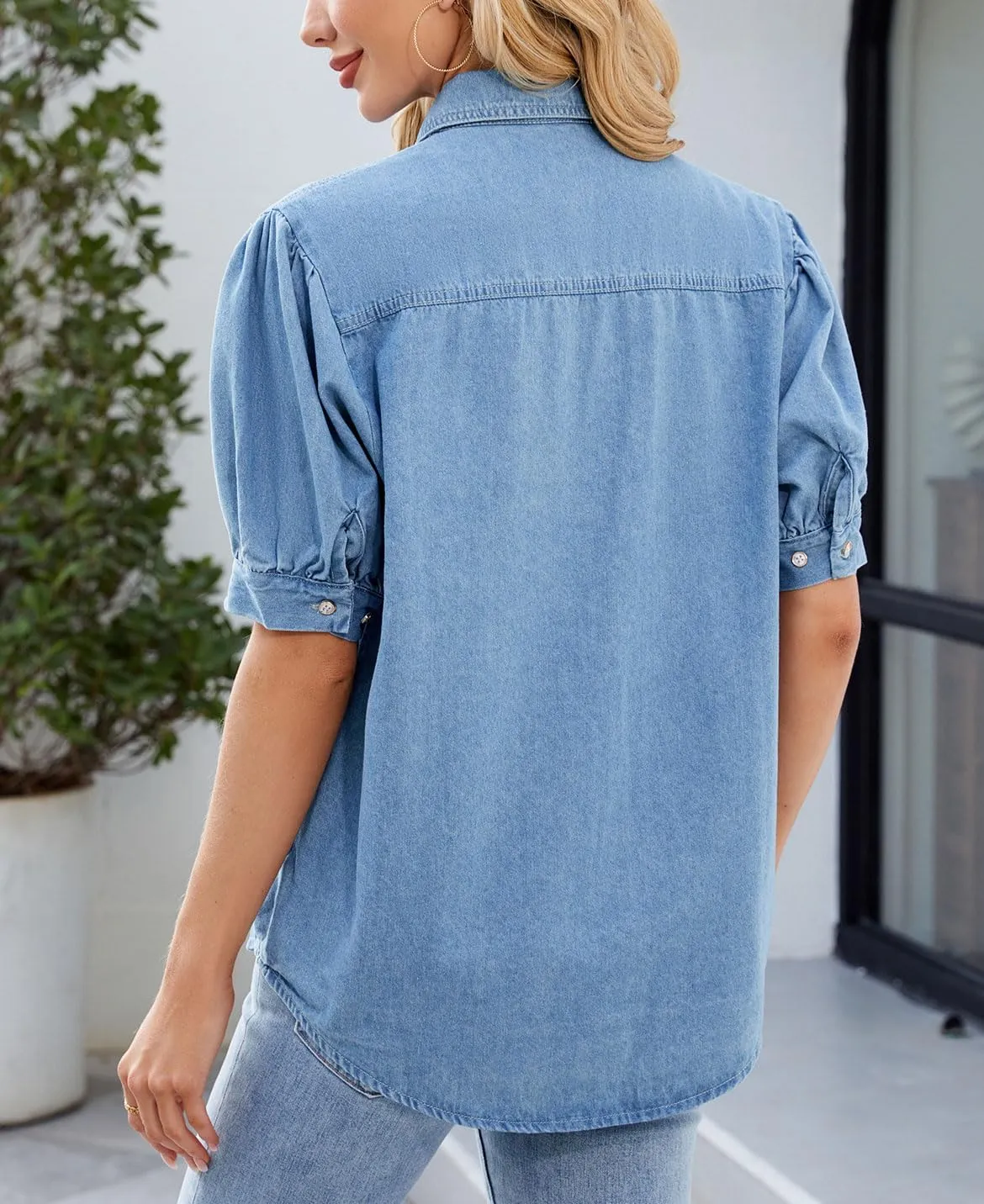 CHARTOU Women's Casual Washed Distressed Puff Sleeve Denim Snap Button Shirt Jean Jacket Coat