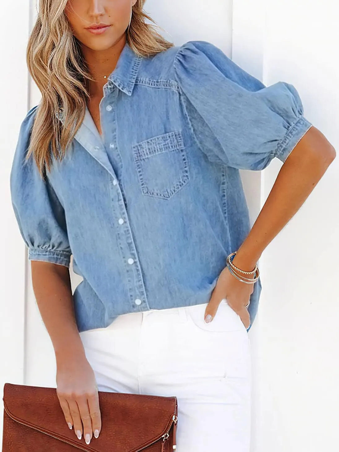 CHARTOU Women's Casual Washed Distressed Puff Sleeve Denim Snap Button Shirt Jean Jacket Coat
