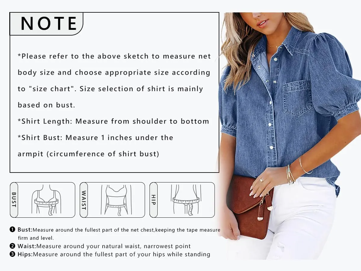 CHARTOU Women's Casual Washed Distressed Puff Sleeve Denim Snap Button Shirt Jean Jacket Coat