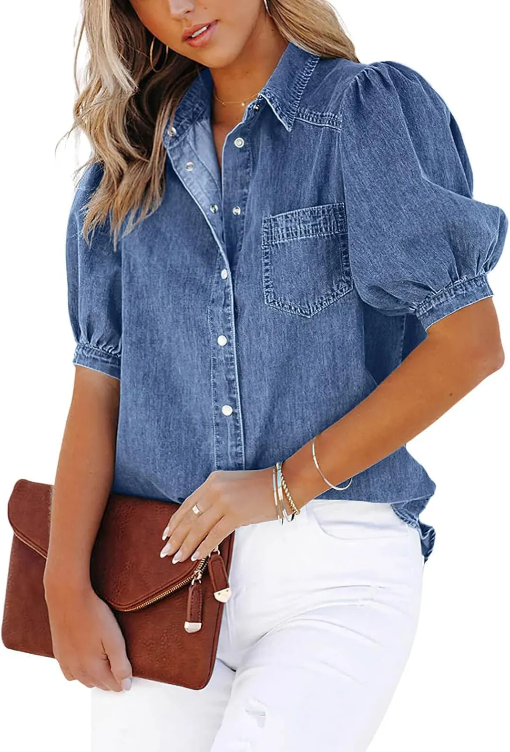 CHARTOU Women's Casual Washed Distressed Puff Sleeve Denim Snap Button Shirt Jean Jacket Coat
