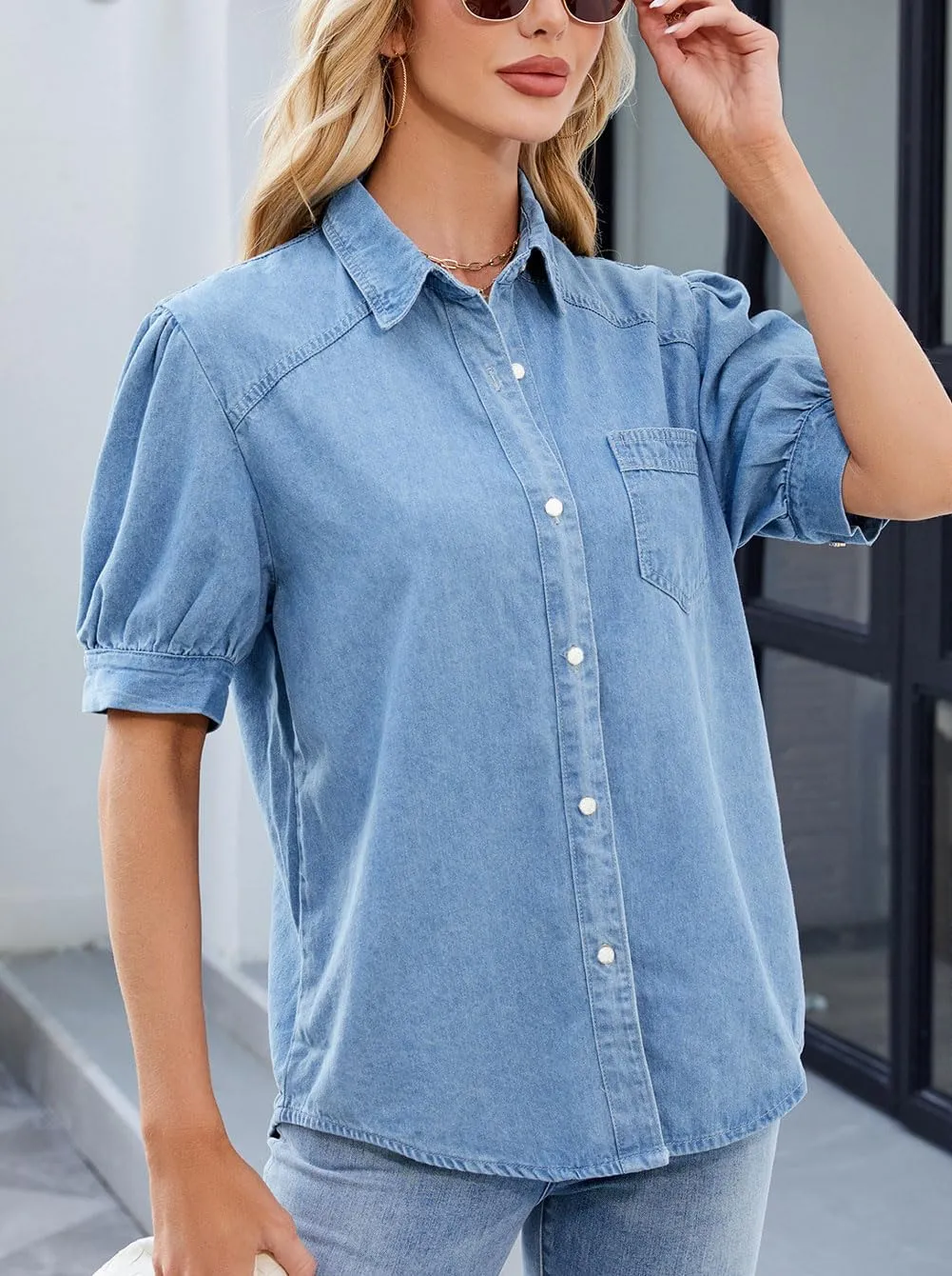 CHARTOU Women's Casual Washed Distressed Puff Sleeve Denim Snap Button Shirt Jean Jacket Coat