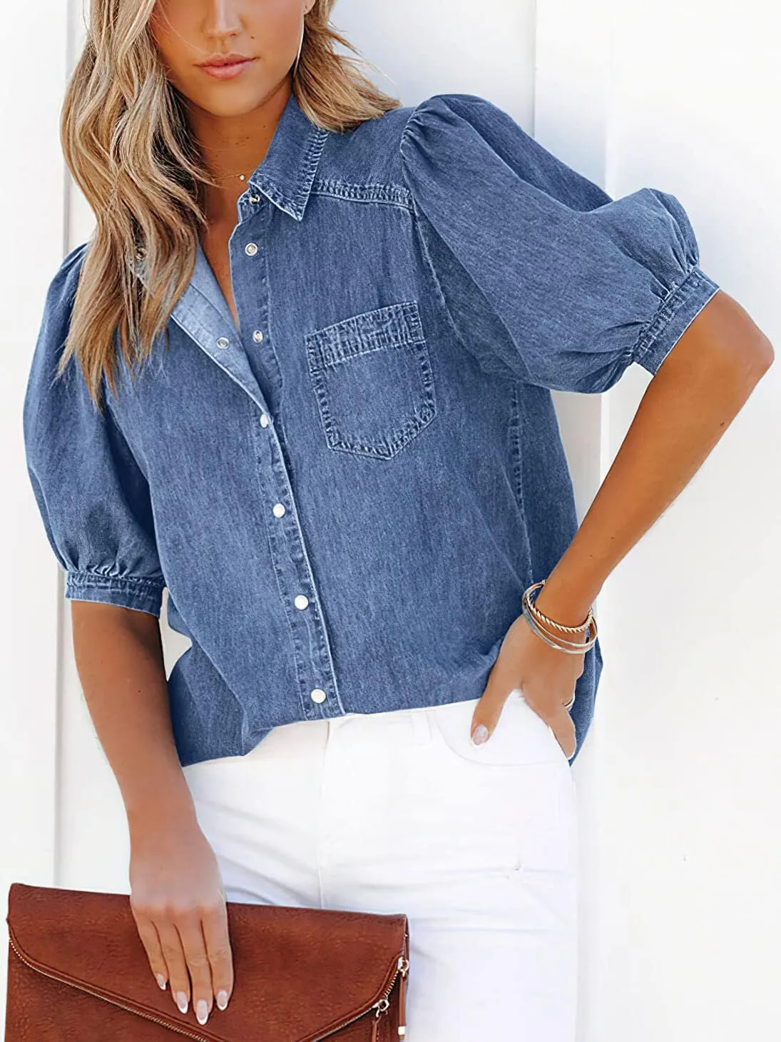 CHARTOU Women's Casual Washed Distressed Puff Sleeve Denim Snap Button Shirt Jean Jacket Coat