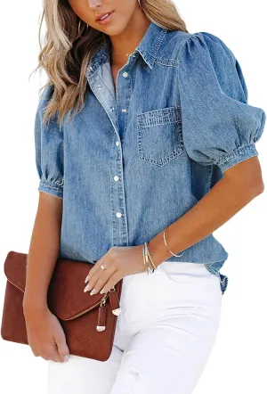 CHARTOU Women's Casual Washed Distressed Puff Sleeve Denim Snap Button Shirt Jean Jacket Coat