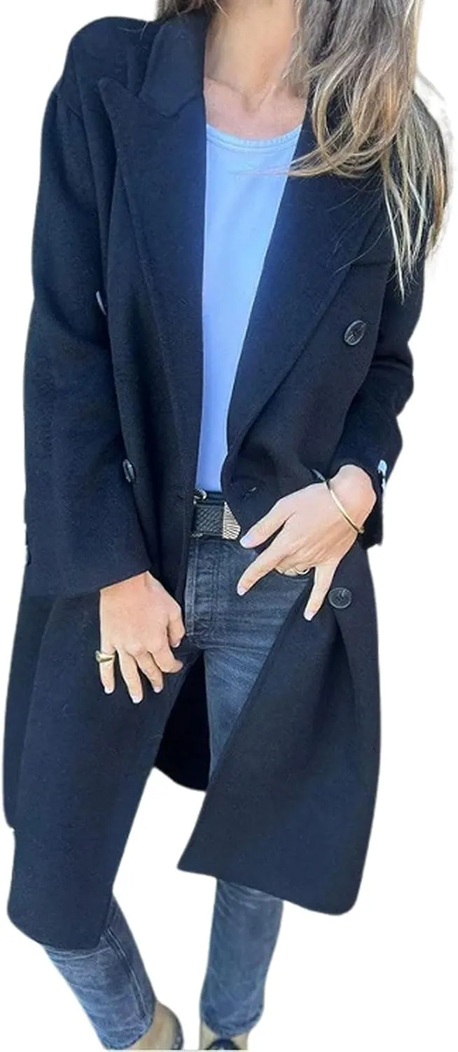 CHARTOU Women's Double-Breasted Long Trench Pea Coat Woolen Notch Collar Tweed Jacket Overcoat with Pockets