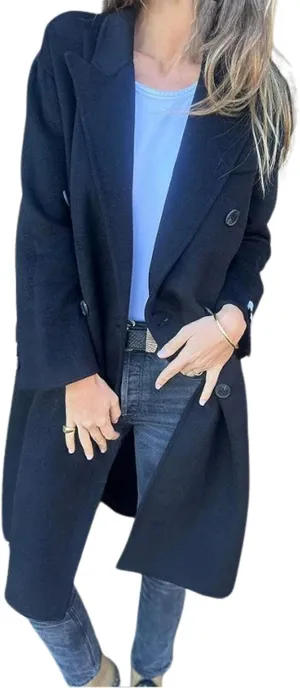 CHARTOU Women's Double-Breasted Long Trench Pea Coat Woolen Notch Collar Tweed Jacket Overcoat with Pockets