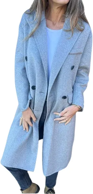CHARTOU Women's Double-Breasted Long Trench Pea Coat Woolen Notch Collar Tweed Jacket Overcoat with Pockets