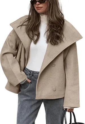 CHARTOU Womens Fall Thicken Tweed Jacket Double Breasted Lapel Collar Overcoat Wool Cropped Khaki Peacoat