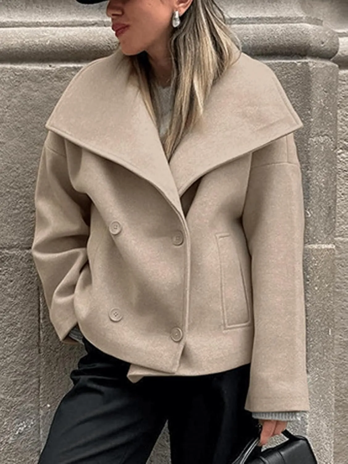 CHARTOU Womens Fall Thicken Tweed Jacket Double Breasted Lapel Collar Overcoat Wool Cropped Khaki Peacoat