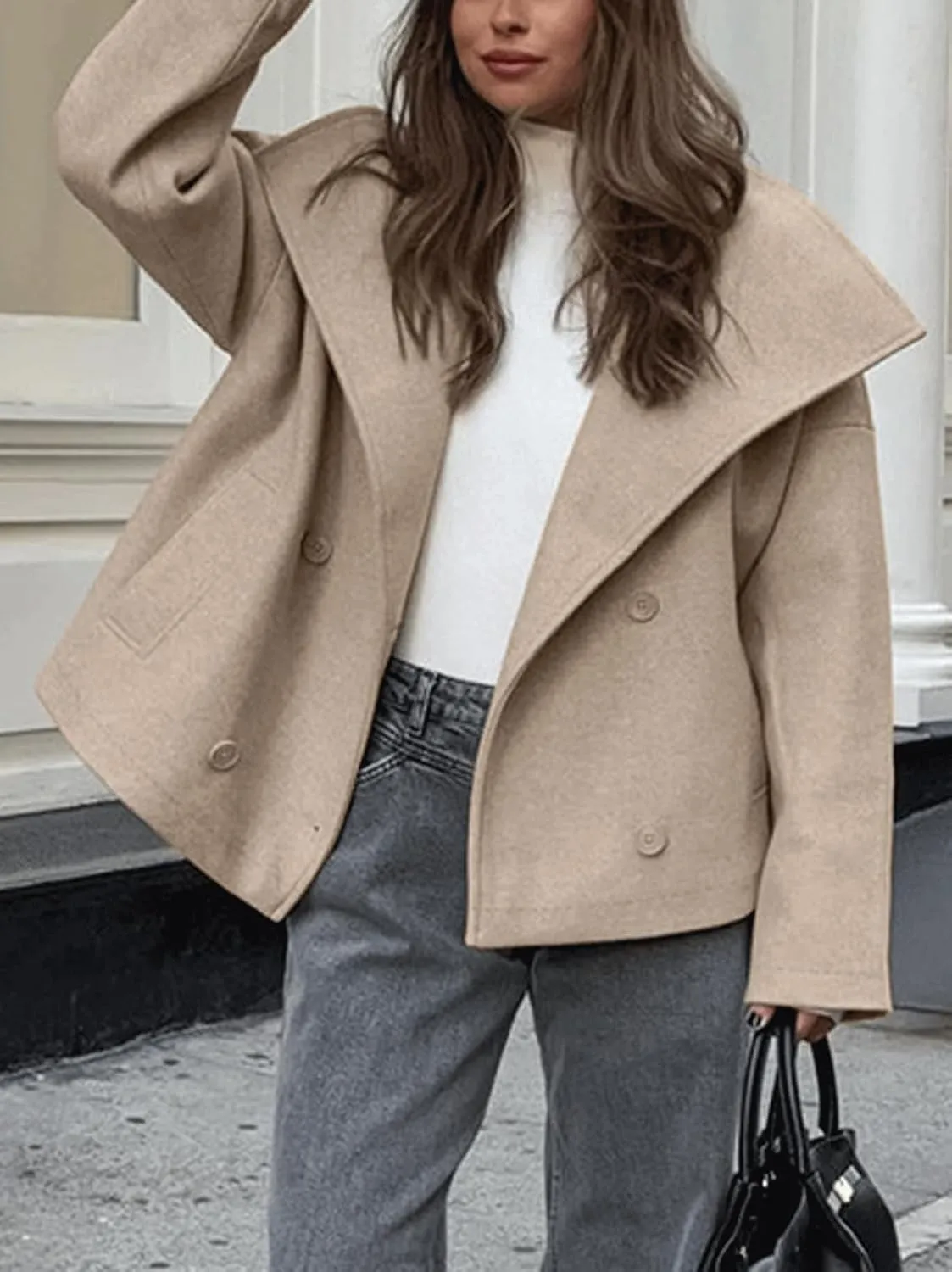 CHARTOU Womens Fall Thicken Tweed Jacket Double Breasted Lapel Collar Overcoat Wool Cropped Khaki Peacoat