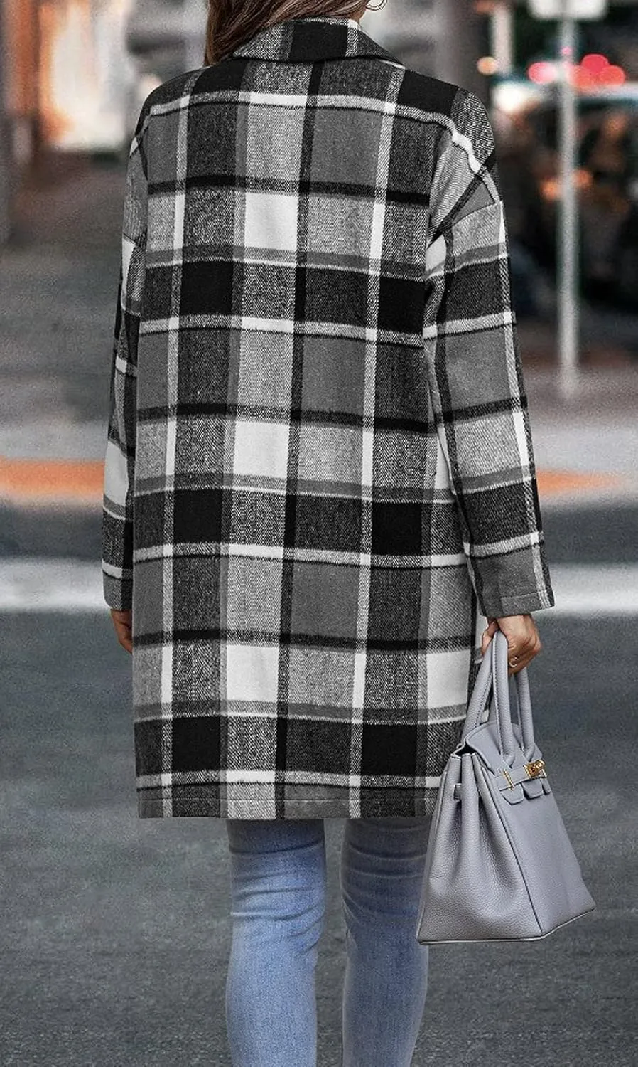 CHARTOU Women's Plaid Shacket Causal Notched Collar Wool Blend Tartan Blazer Trench Coat