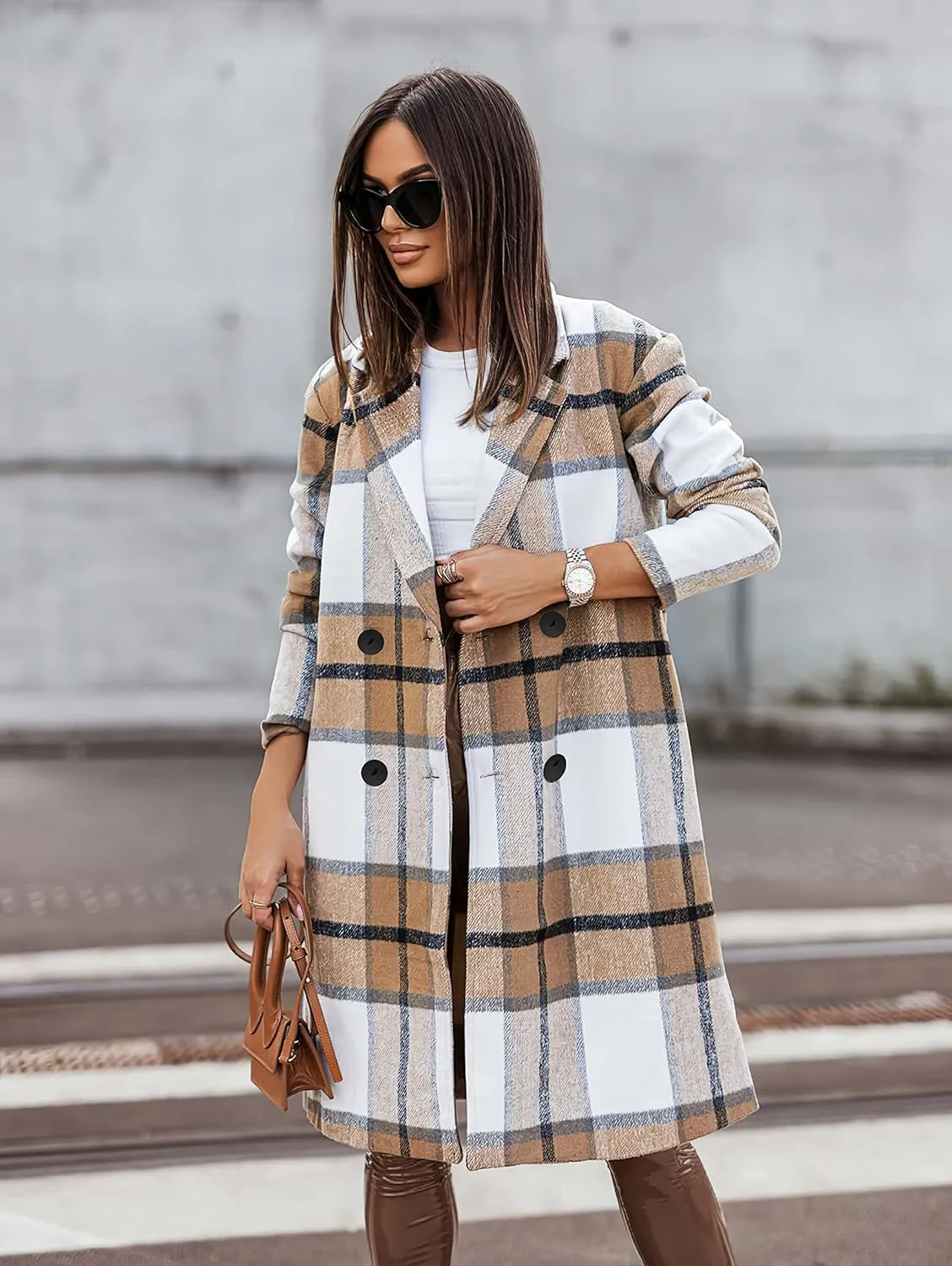 CHARTOU Women's Plaid Wool Blend Double Breasted Midi Long Trench Coat Overcoat