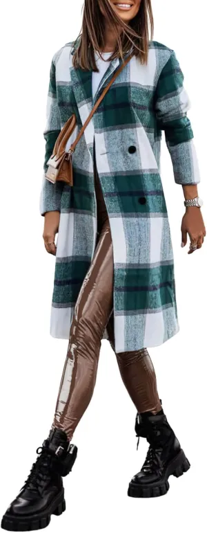 CHARTOU Women's Plaid Wool Blend Double Breasted Midi Long Trench Coat Overcoat