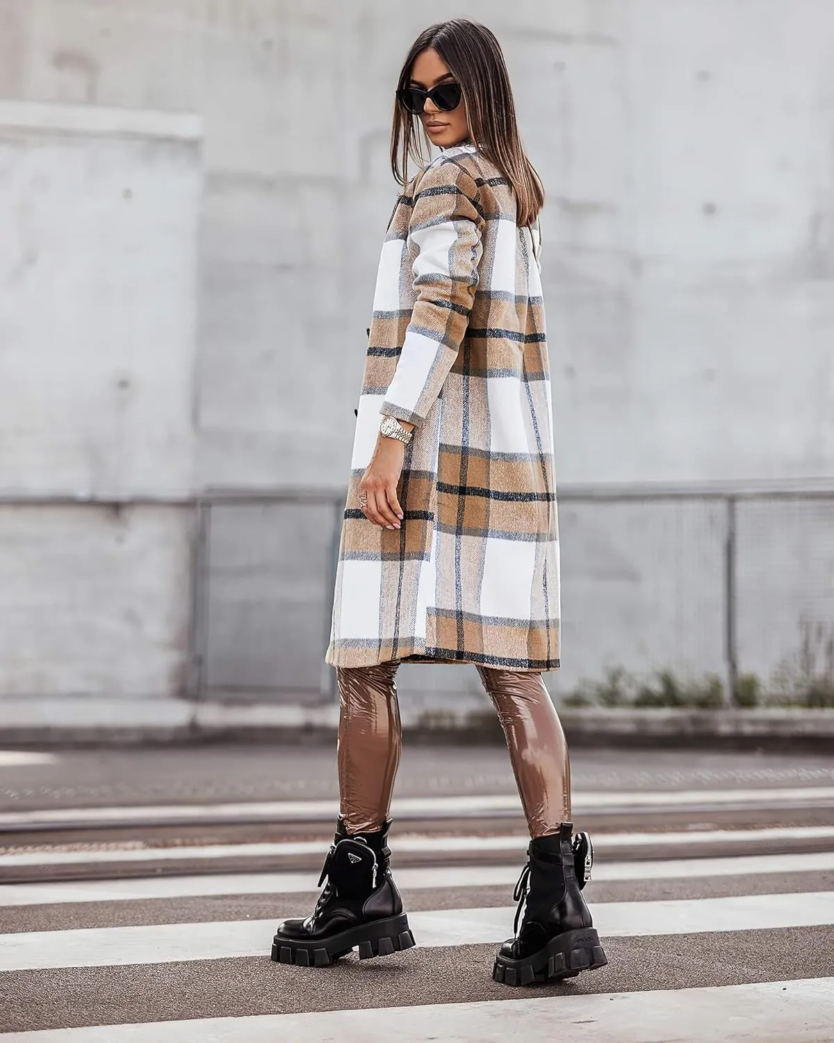 CHARTOU Women's Plaid Wool Blend Double Breasted Midi Long Trench Coat Overcoat