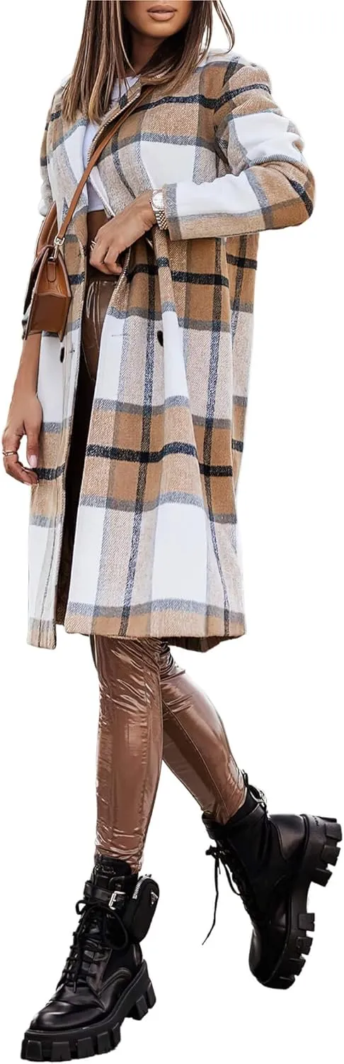 CHARTOU Women's Plaid Wool Blend Double Breasted Midi Long Trench Coat Overcoat