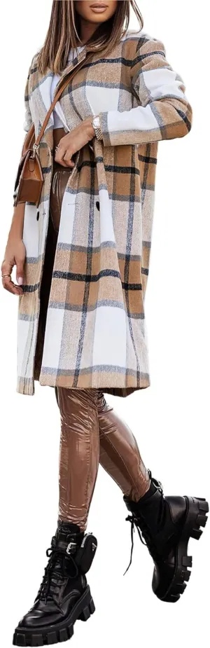 CHARTOU Women's Plaid Wool Blend Double Breasted Midi Long Trench Coat Overcoat