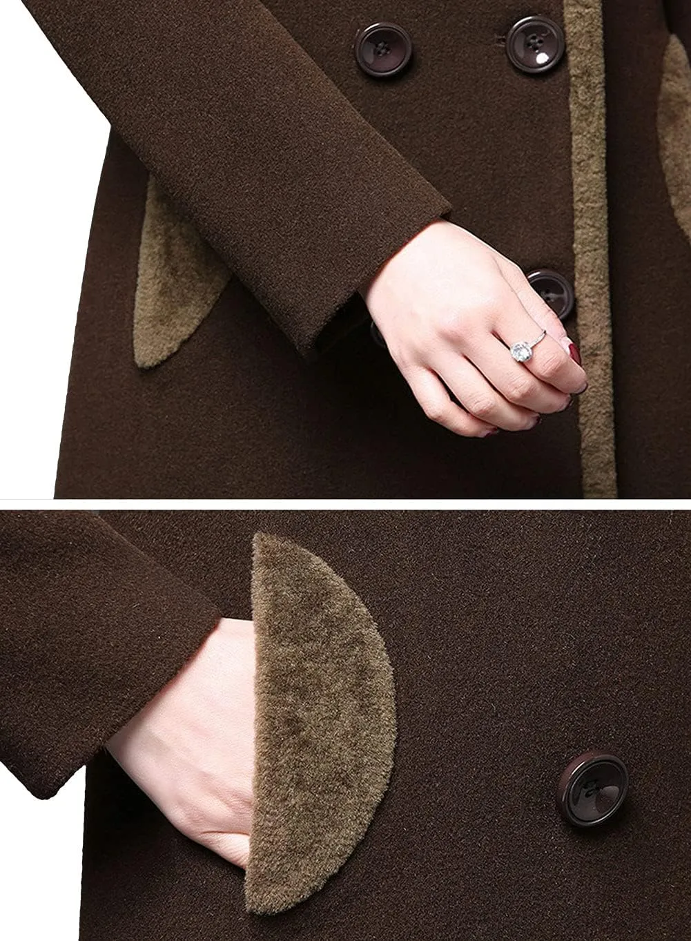 CHARTOU Women's Slim Fur Collar Double Breasted Long Wool Blend Coat Pea Coat