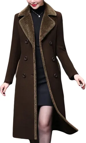 CHARTOU Women's Slim Fur Collar Double Breasted Long Wool Blend Coat Pea Coat