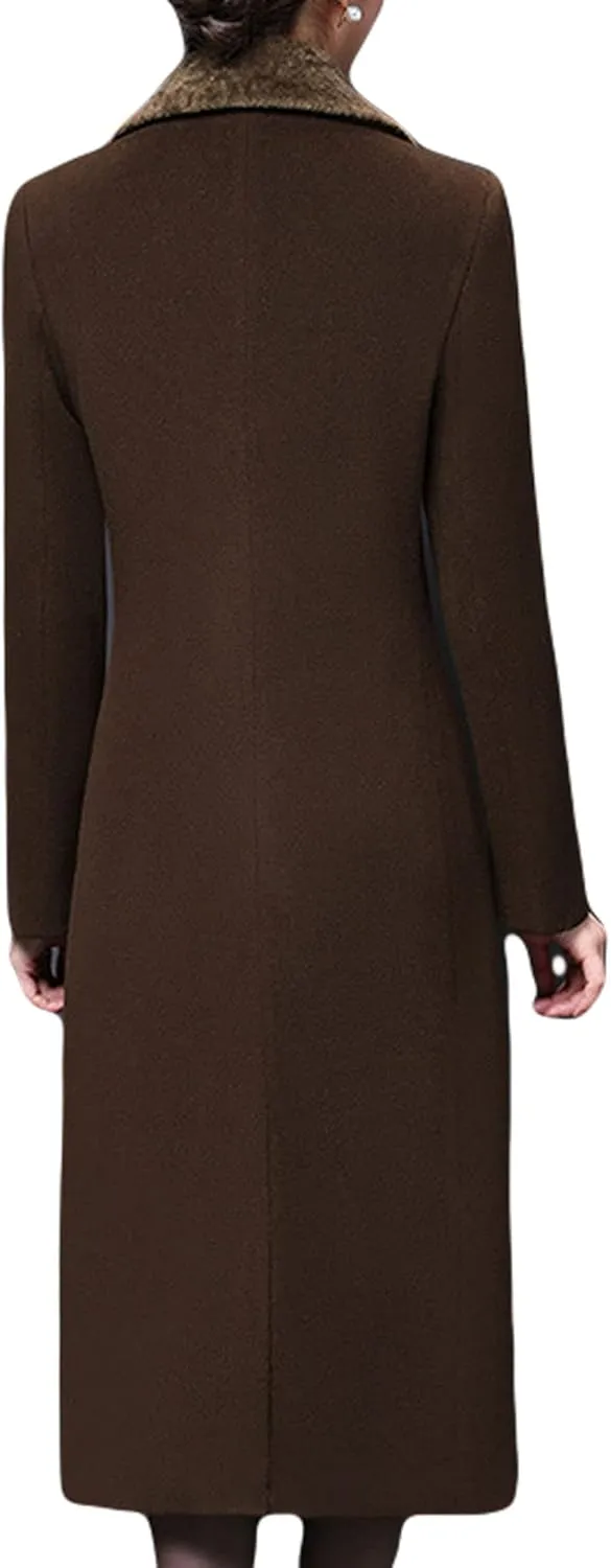 CHARTOU Women's Slim Fur Collar Double Breasted Long Wool Blend Coat Pea Coat