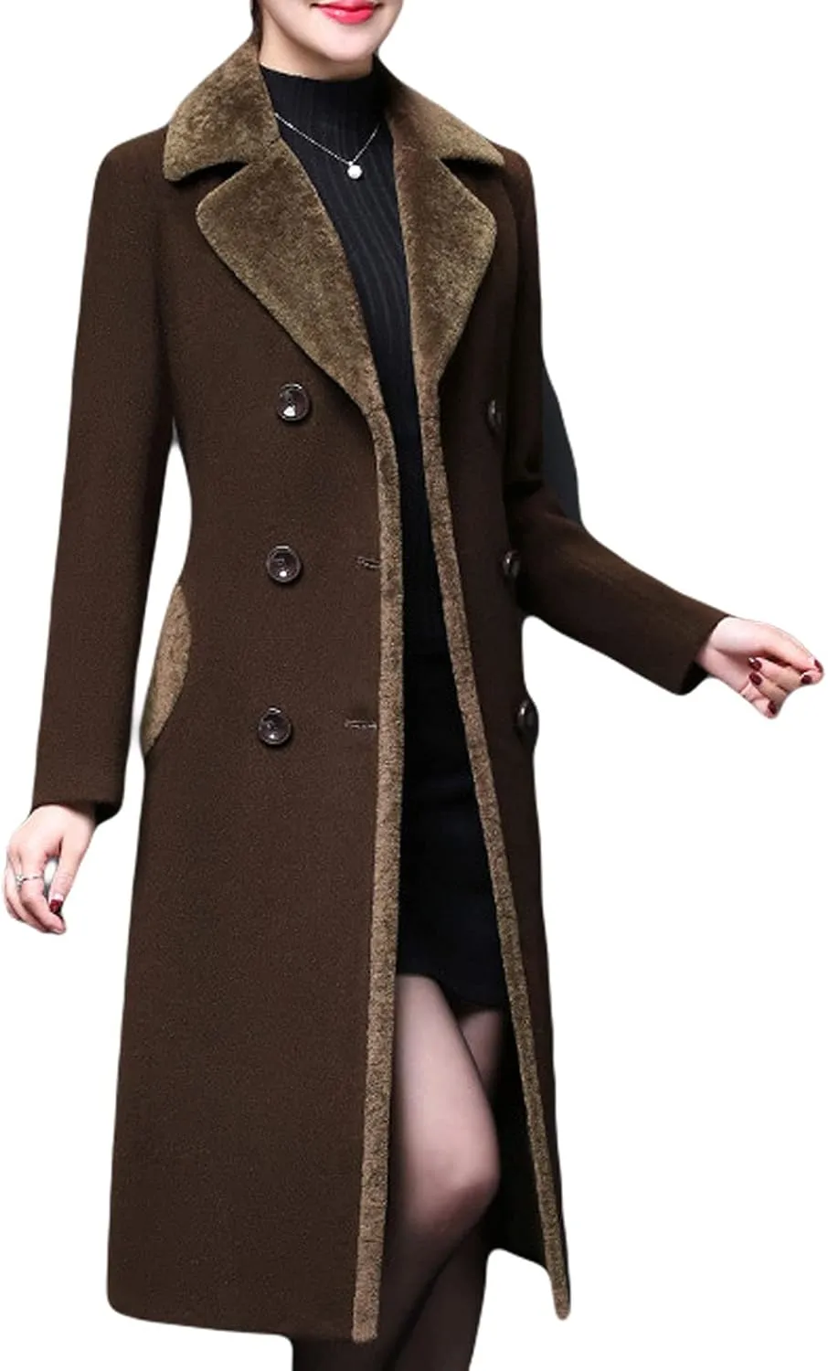 CHARTOU Women's Slim Fur Collar Double Breasted Long Wool Blend Coat Pea Coat