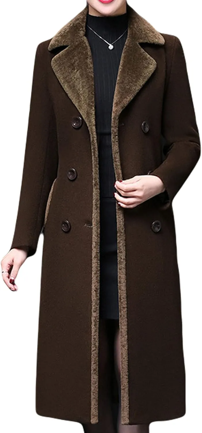 CHARTOU Women's Slim Fur Collar Double Breasted Long Wool Blend Coat Pea Coat