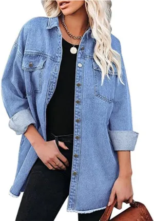 CHARTOU Women's Vintage Distressed Button Down Shirt Oversized Long Sleeve Denim Jean Blouse Jacket