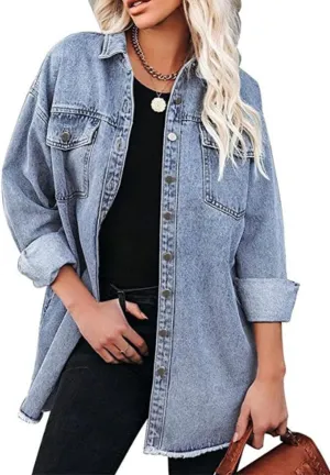 CHARTOU Women's Vintage Distressed Button Down Shirt Oversized Long Sleeve Denim Jean Blouse Jacket