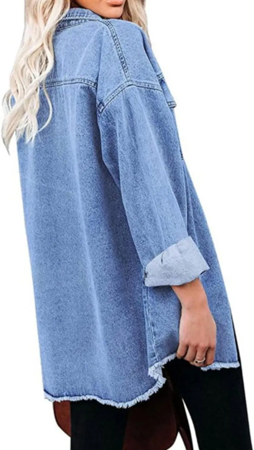 CHARTOU Women's Vintage Distressed Button Down Shirt Oversized Long Sleeve Denim Jean Blouse Jacket